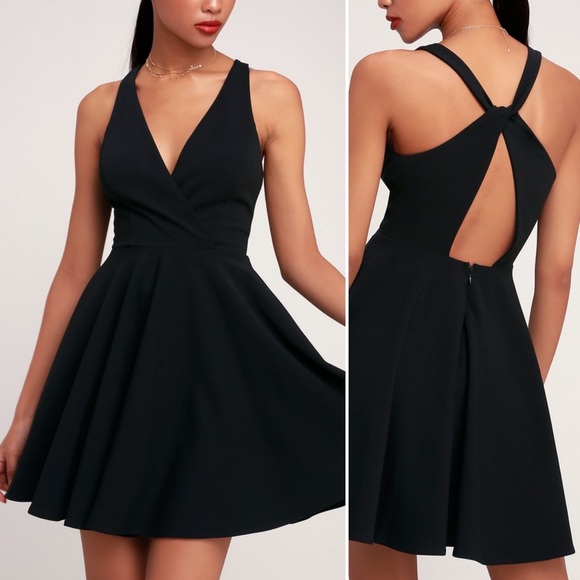 wonder whirl black twist back skater dress